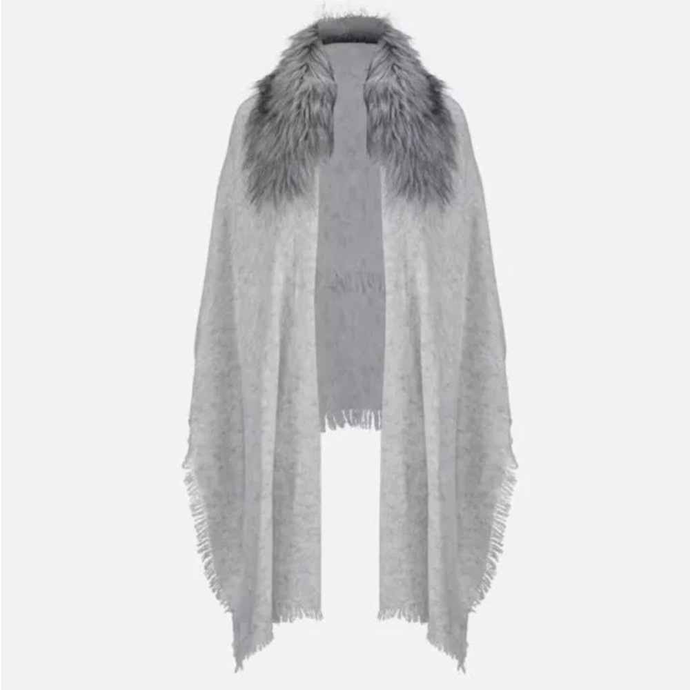 CAbi Light Gray Shawl with Faux Fur Trim NEW